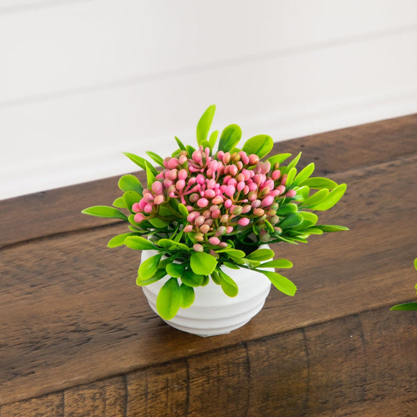 3.5” Artificial Mini Flowering Arrangement in White Decorative Oval Planter - Set of 6