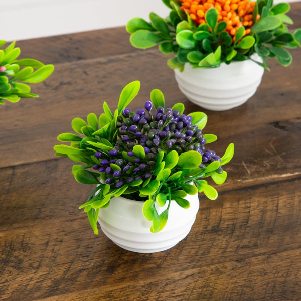 3.5” Artificial Mini Flowering Arrangement in White Decorative Oval Planter - Set of 6