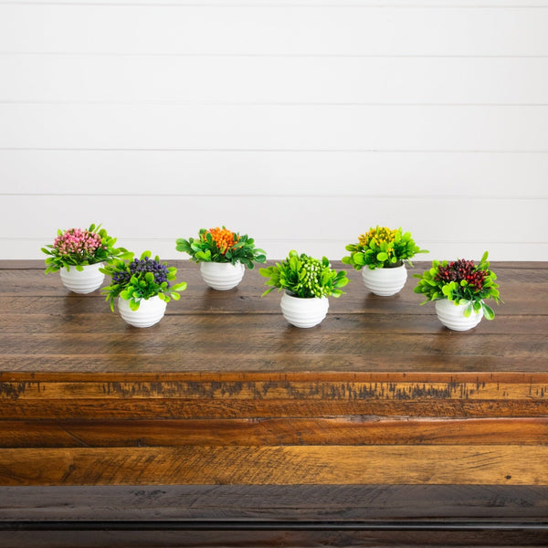 3.5” Artificial Mini Flowering Arrangement in White Decorative Oval Planter - Set of 6