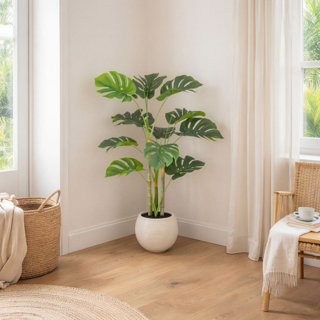 large indoor plant pot for monstera 3.5' Artificial Monstera Tree in White Round Planter – Nearly Natural