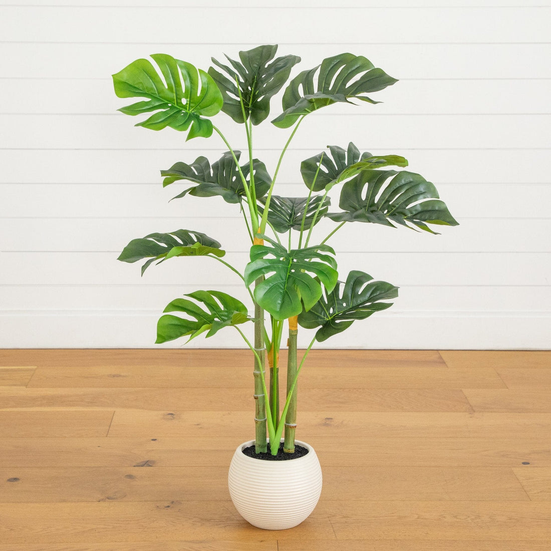monstera wood 3.5' Artificial Monstera Tree in White Round Planter