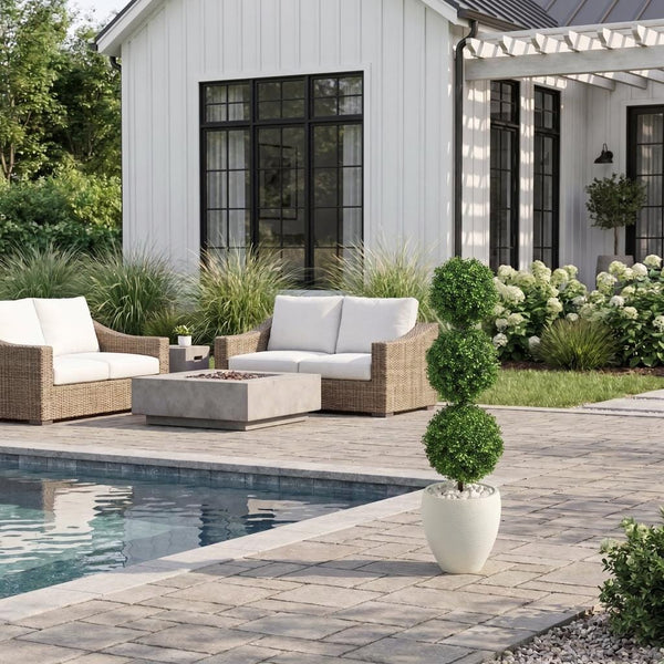 3.5’ Boxwood Triple Ball Topiary Artificial Tree in White Planter (Indoor/Outdoor)