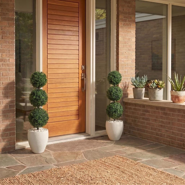 3.5’ Boxwood Triple Ball Topiary Artificial Tree in White Planter (Indoor/Outdoor)