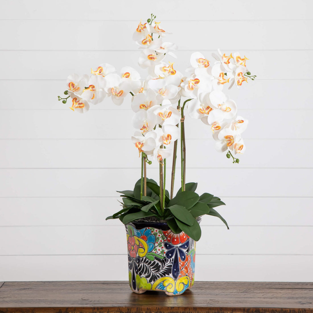 36” Artificial Large Orchid Arrangement in Handmade Mexican Talavera  Ceramic Planter