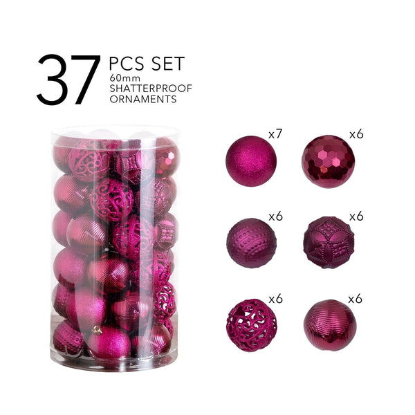 37-pc Fuscia Shatterproof Christmas Ornaments