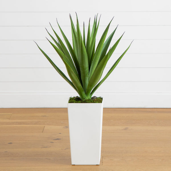 37" UV Resistant Artificial Agave Plant in White Tower Planter (Indoor/Outdoor)