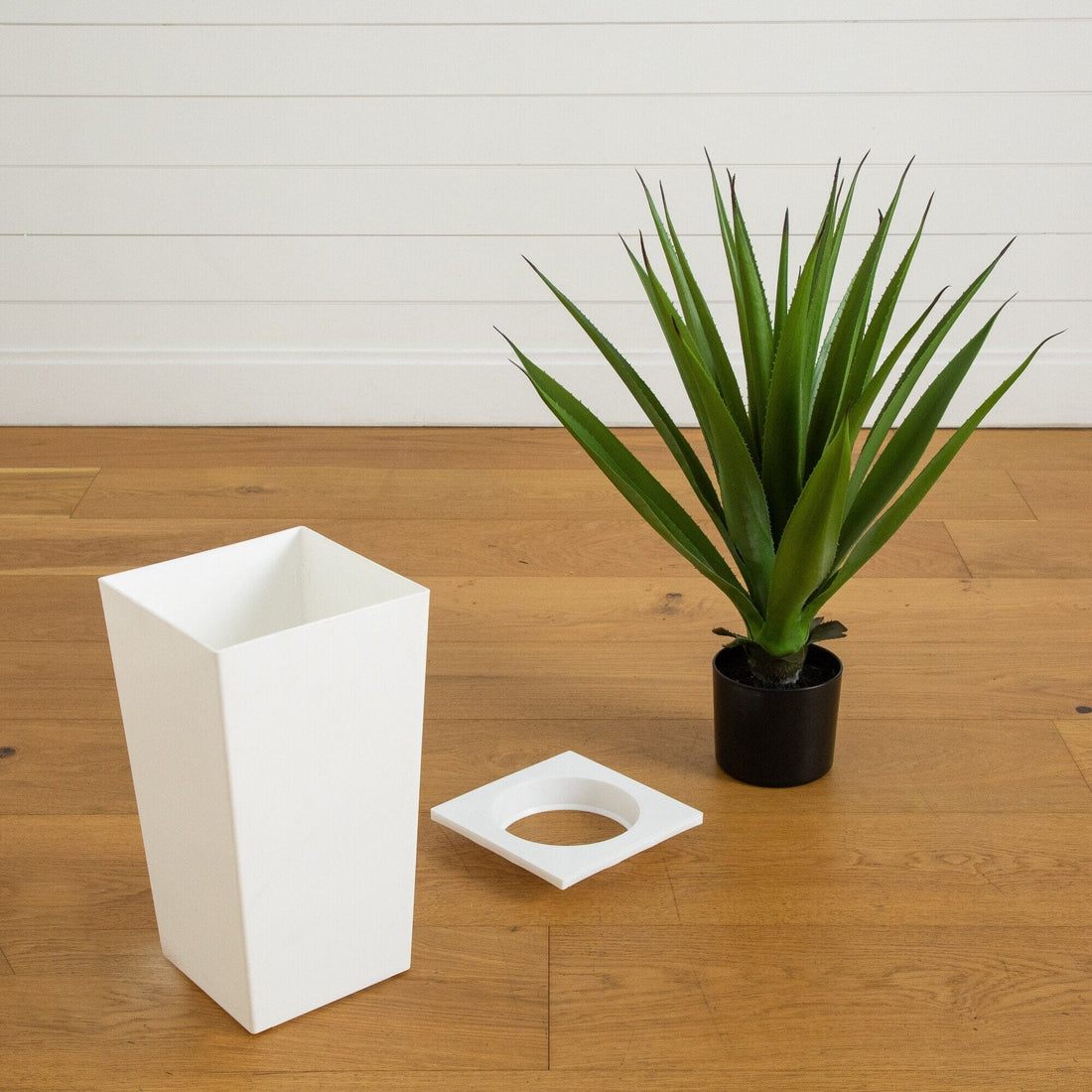 tall white planter indoor 37" UV Resistant Artificial Agave Plant in White Tower Planter (Indoor – Nearly Natural
