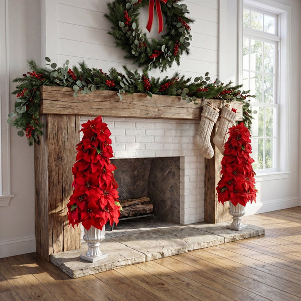 39” Artificial Christmas Poinsettia Cone Tree in Decorative Urn