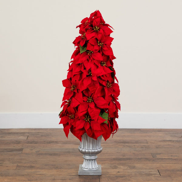39” Artificial Christmas Poinsettia Cone Tree in Decorative Urn