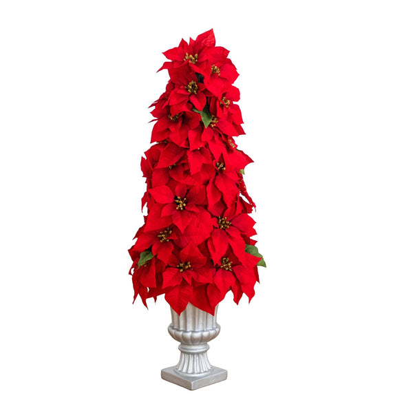 39” Artificial Christmas Poinsettia Cone Tree in Decorative Urn