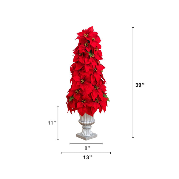 39” Artificial Christmas Poinsettia Cone Tree in Decorative Urn