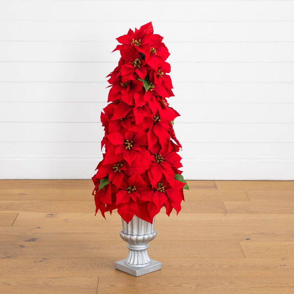 39” Artificial Christmas Poinsettia Cone Tree in Decorative Urn