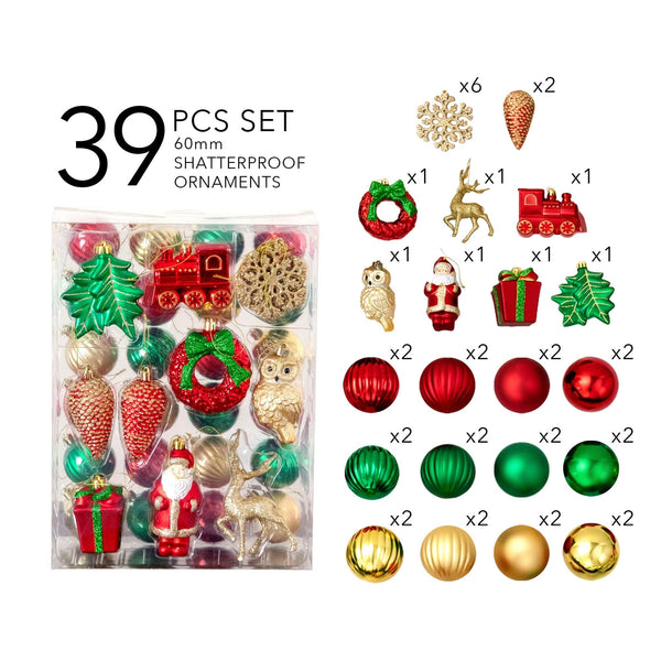 39-pc Red, Green and Gold Assorted Shatterproof Christmas Ornaments