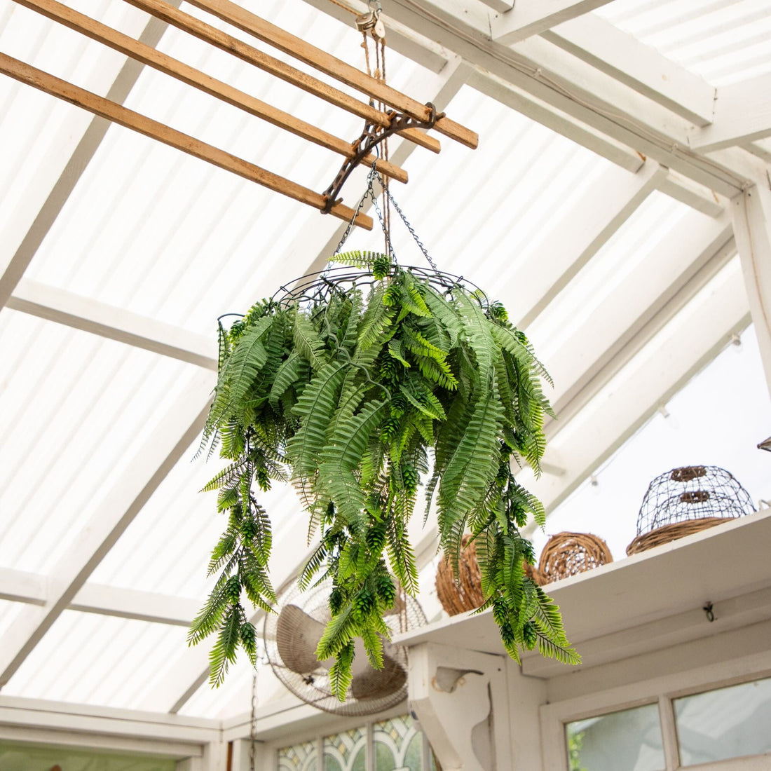 39” UV Resistant Artificial Mixed Ferns Plant in Hanging Ring  (Indoor/Outdoor)