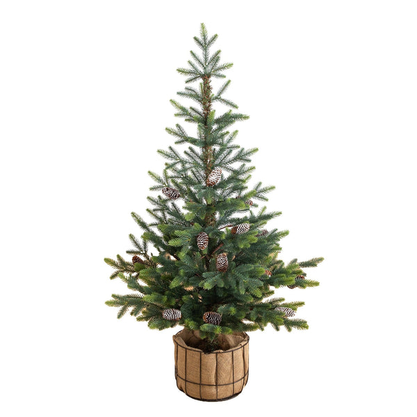 4' Artificial Balsam Fir Christmas Tree with Pine Cones in Jute Wire Planter