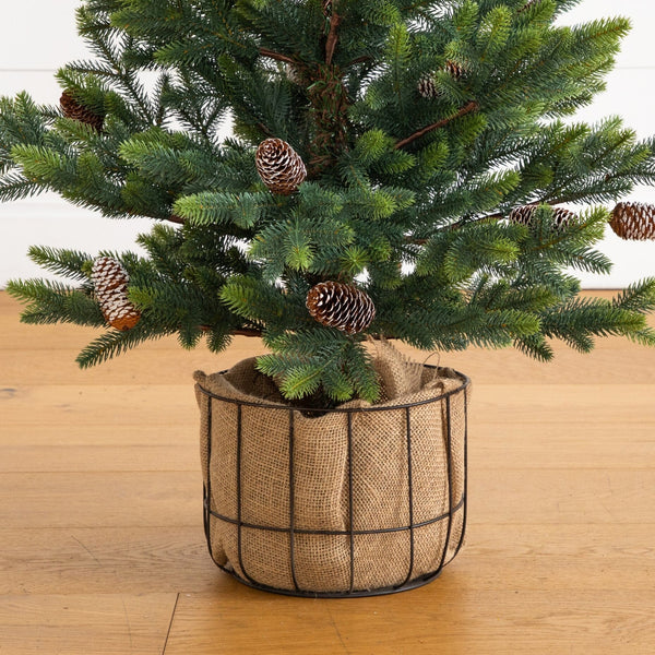 4' Artificial Balsam Fir Christmas Tree with Pine Cones in Jute Wire Planter