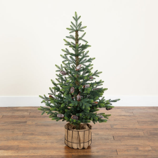 4' Artificial Balsam Fir Christmas Tree with Pine Cones in Jute Wire Planter