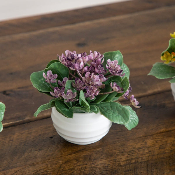 4” Artificial Mini Hydrangea Plant in White Decorative Oval Planter - Set of 4