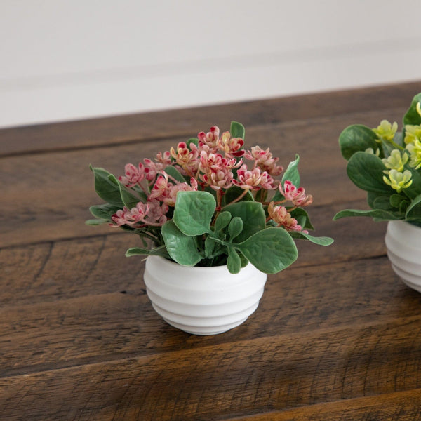 4” Artificial Mini Hydrangea Plant in White Decorative Oval Planter - Set of 4