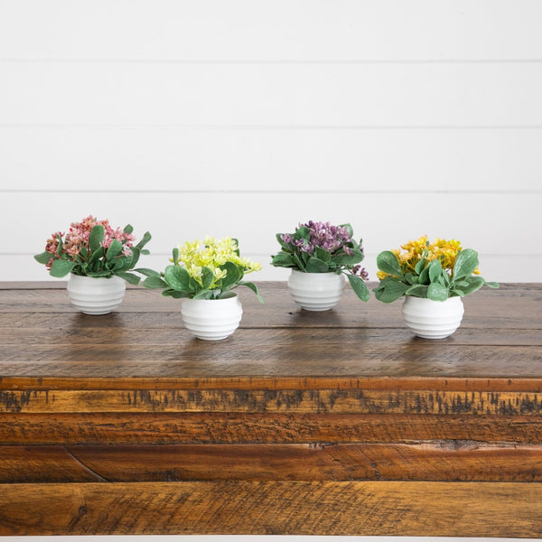 4” Artificial Mini Hydrangea Plant in White Decorative Oval Planter - Set of 4