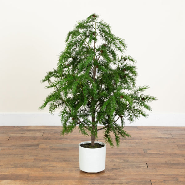 4' Artificial Real Touch Christmas Pine with Pinecones in White Decorative Planter