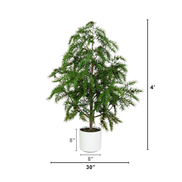 4' Artificial Real Touch Christmas Pine with Pinecones in White Decorative Planter