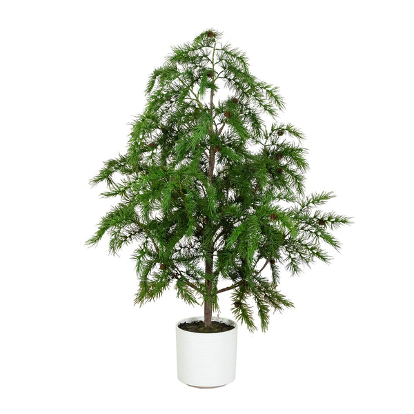 4' Artificial Real Touch Christmas Pine with Pinecones in White Decorative Planter
