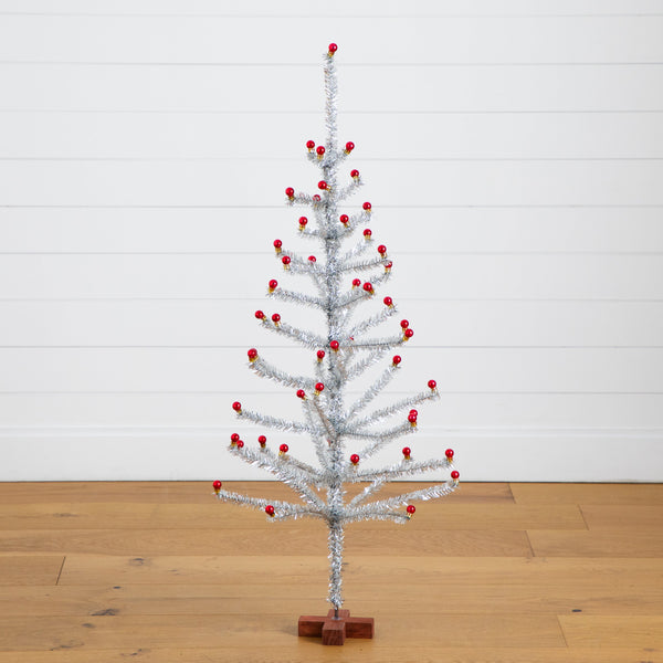 4' Artificial Retro Silver Tinsel  Christmas Tree with 50 Red Mini Ornament Balls and Wooden Base