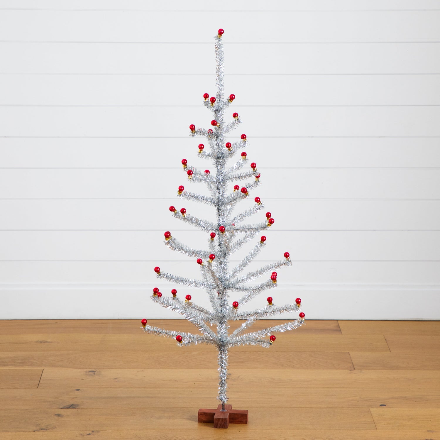 4' Artificial Retro Silver Tinsel  Christmas Tree with 50 Red Mini Ornament Balls and Wooden Base