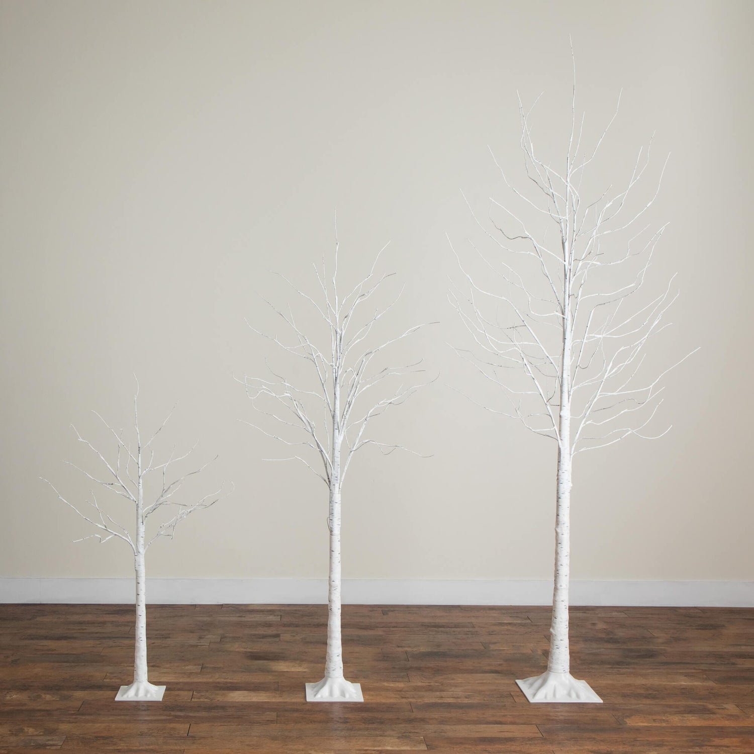 4' 6' 8' Pre-Lit Artificial White Birch Trees with LED Lights - Set of 3