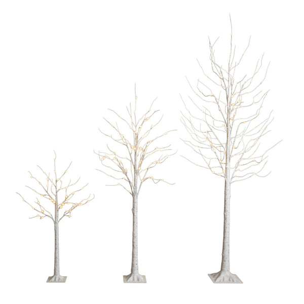 4' 6' 8' Pre-Lit Artificial White Birch Trees with LED Lights - Set of 3