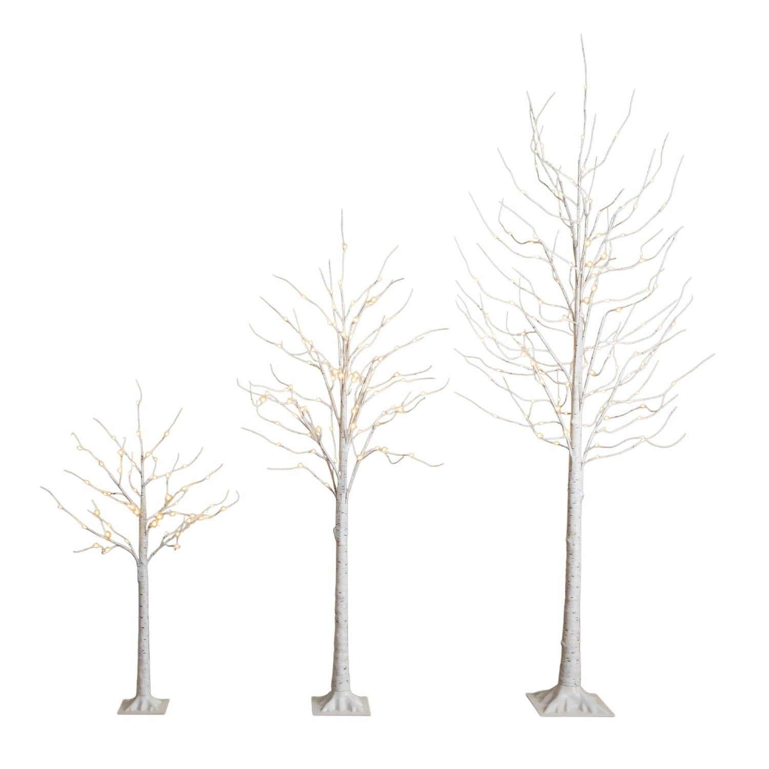 4' 6' 8' Pre-Lit Artificial White Birch Trees with LED Lights - Set of 3