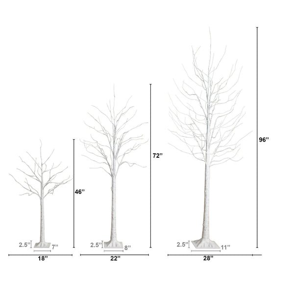4' 6' 8' Pre-Lit Artificial White Birch Trees with LED Lights - Set of 3