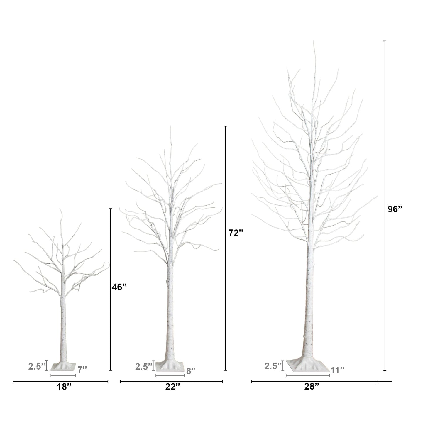 4' 6' 8' Pre-Lit Artificial White Birch Trees with LED Lights - Set of 3