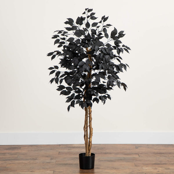 4' Artificial Halloween Black Ficus Tree with Natural Trunk