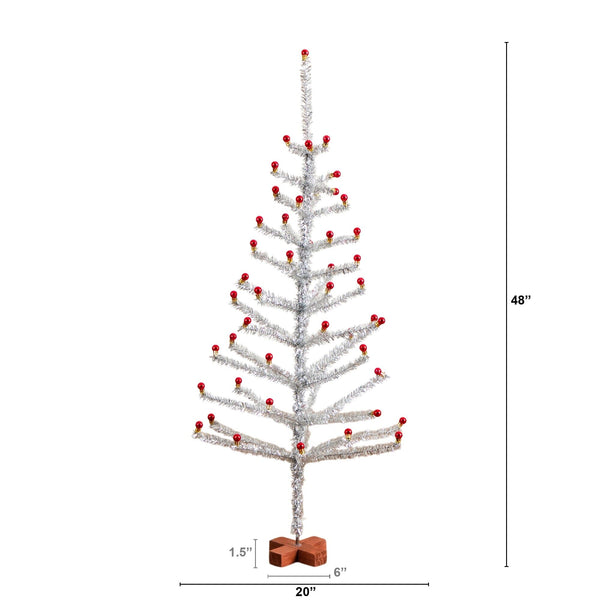 4' Artificial Retro Silver Tinsel  Christmas Tree with 50 Red Mini Ornament Balls and Wooden Base