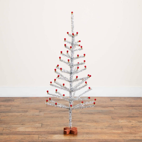 4' Artificial Retro Silver Tinsel  Christmas Tree with 50 Red Mini Ornament Balls and Wooden Base