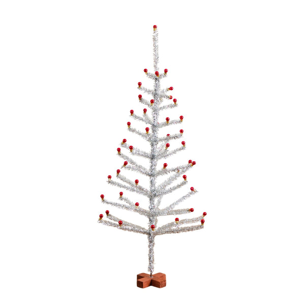 4' Artificial Retro Silver Tinsel  Christmas Tree with 50 Red Mini Ornament Balls and Wooden Base