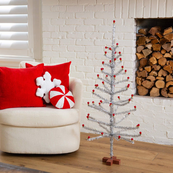 4' Artificial Retro Silver Tinsel  Christmas Tree with 50 Red Mini Ornament Balls and Wooden Base