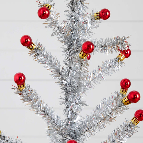 4' Artificial Retro Silver Tinsel  Christmas Tree with 50 Red Mini Ornament Balls and Wooden Base