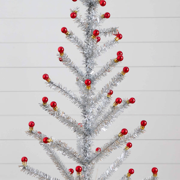 4' Artificial Retro Silver Tinsel  Christmas Tree with 50 Red Mini Ornament Balls and Wooden Base