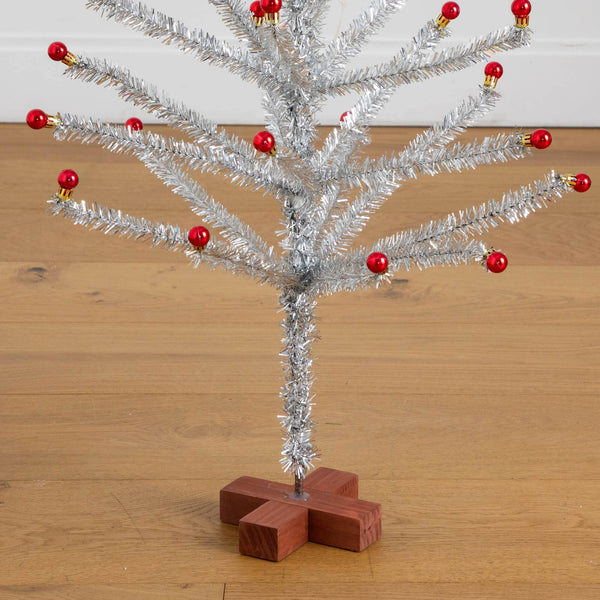 4' Artificial Retro Silver Tinsel  Christmas Tree with 50 Red Mini Ornament Balls and Wooden Base