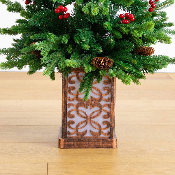 4' Pre-Lit Artificial Christmas Tree with Pinecones, Berries and 100 Multicolored LED Lights in Decorative Planter