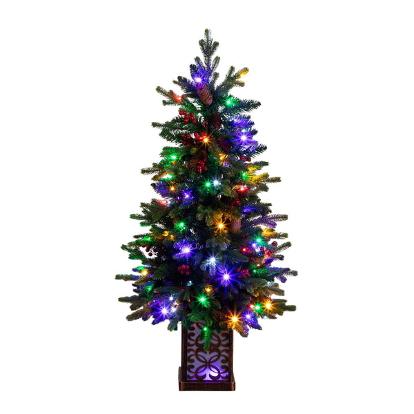 4' Pre-Lit Artificial Christmas Tree with Pinecones, Berries and 100 Multicolored LED Lights in Decorative Planter