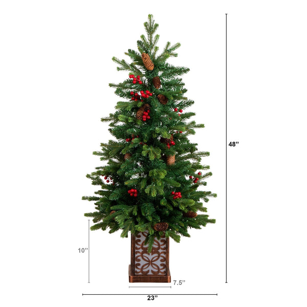 4' Pre-Lit Artificial Christmas Tree with Pinecones, Berries and 100 Multicolored LED Lights in Decorative Planter