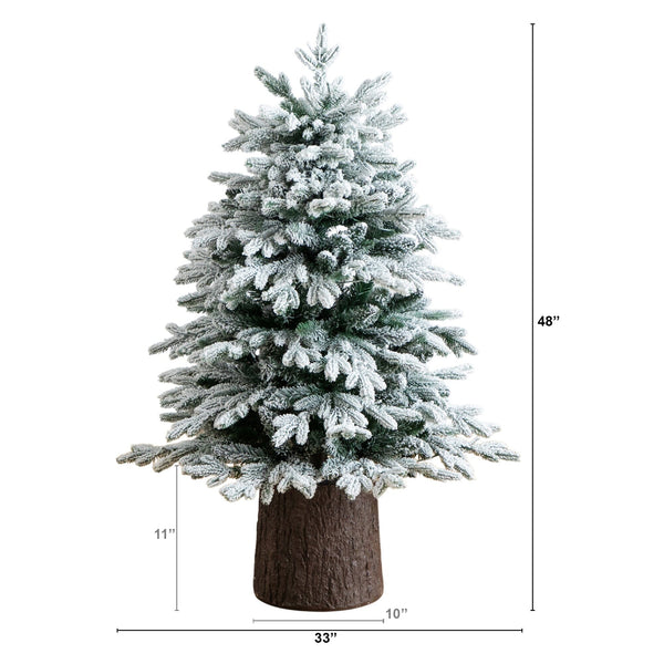 4' Pre-Lit Artificial Flocked Christmas Tree with 100 Warm White LED Lights in Decorative Trunk Planter