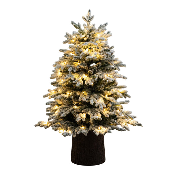 4' Pre-Lit Artificial Flocked Christmas Tree with 100 Warm White LED Lights in Decorative Trunk Planter