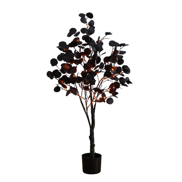 4' Pre-Lit Artificial Halloween Black Eucalyptus Tree with 160 Orange & Purple LED Lights
