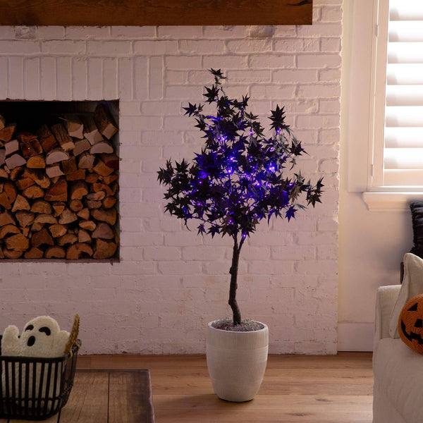 4' Pre-Lit Artificial Halloween Black Maple Tree with 180 Orange & Purple LED Lights
