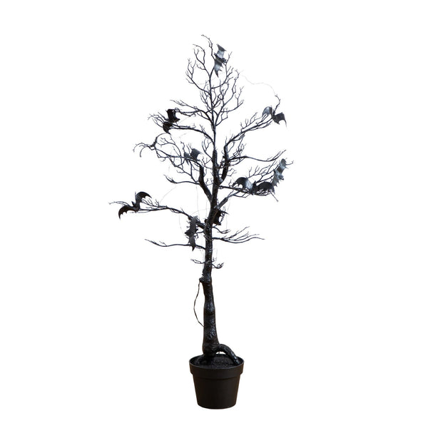 4' Pre-Lit Artificial Halloween Black Spooky Twig Tree with Bats and 120 Orange & Purple LED Lights